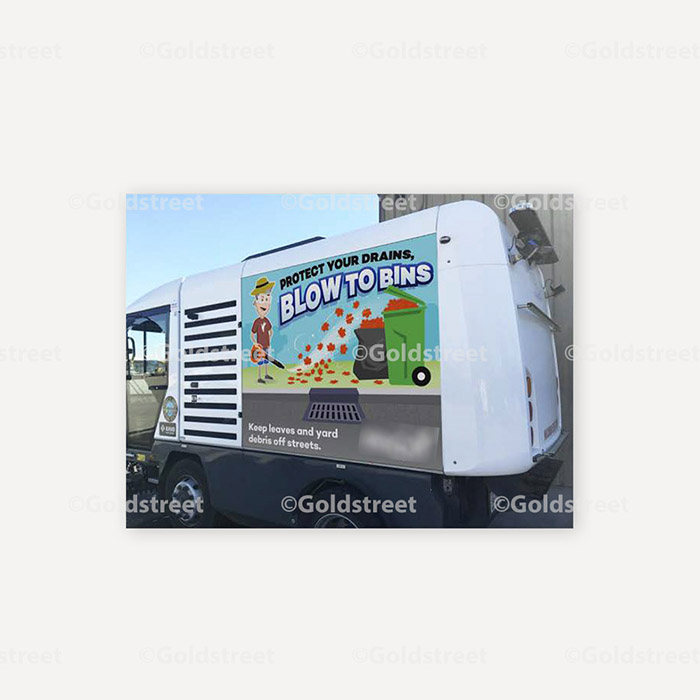 Public Outreach - Public Awareness - "Protect Your Drains, Blow To Bins" Stormwater street sweeper wrap