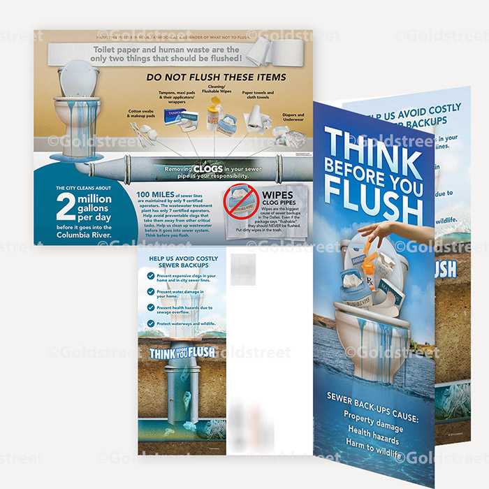 Public Outreach - Public Awareness - "Think Before You Flush" Toilet Trash and Wipes illustrated Mailer