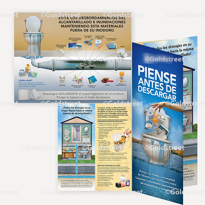 Public Outreach - Public Awareness - "Piense Antes De Descargar" toilet trash brochure in Spanish.