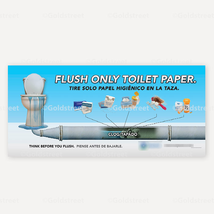 Public Outreach - Public Awareness - "Flush Only Toilet Paper" "Tire Solo Papel Higienico En La Taza" "Think Before You Flush" "Piense Antes De Bajarle" photo illustration. Box (Camera) Truck Sticker