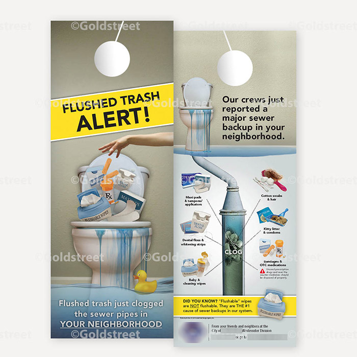 Public Outreach - Public Awareness - "Flushed Trash Alert" Toilet Trash notification door hanger