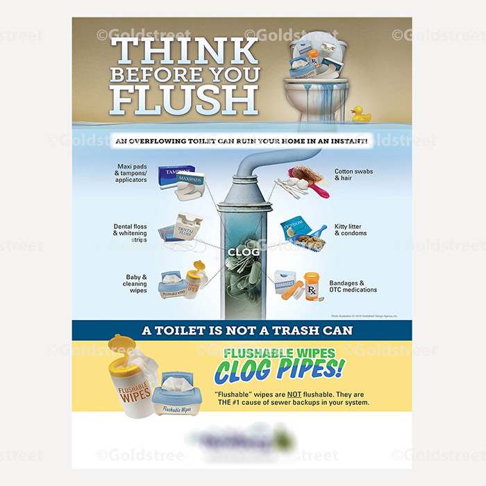 Public Outreach - Public Awareness - "Think Before You Flush" "A toilet is Not a Trash Can" "Flushable Wipes Clog Pipes" Poster
